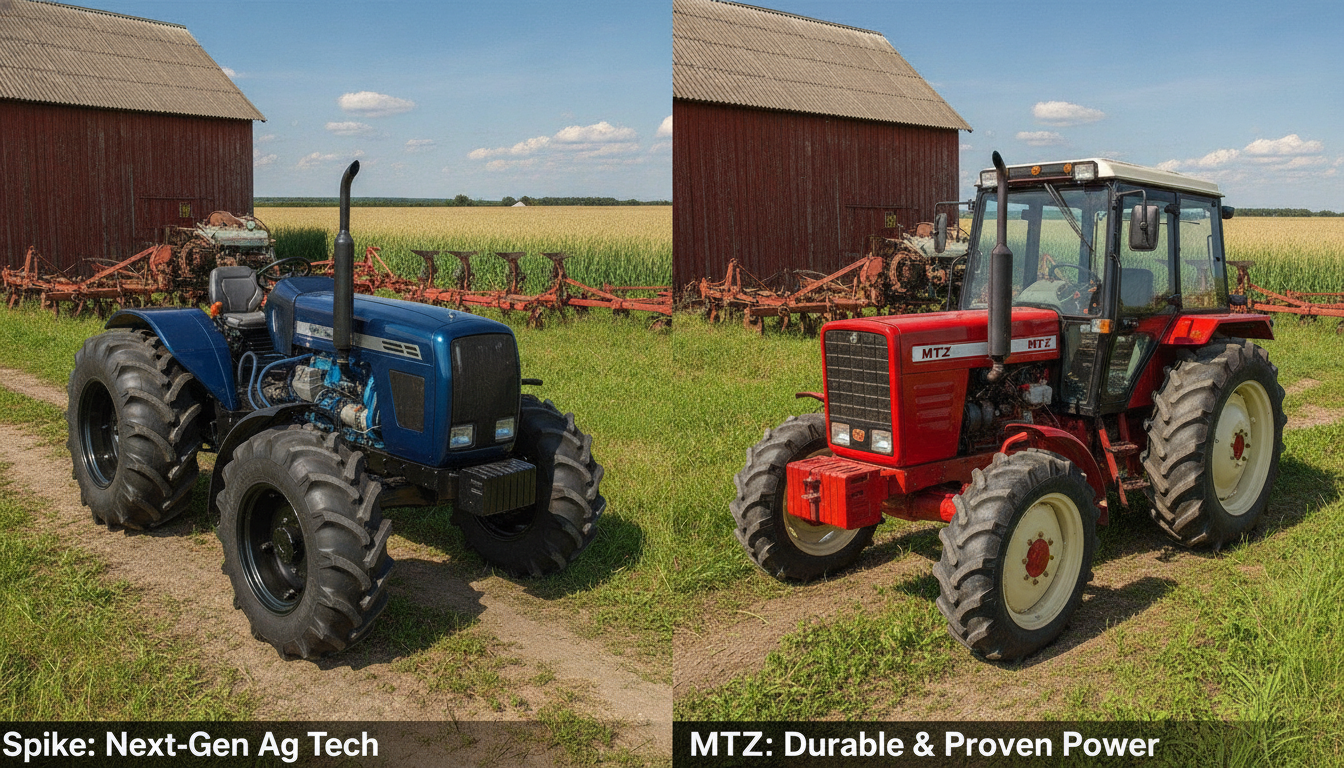 A side-by-side comparison image of two tractors: one representing the Spike model and the other the MTZ model, situated in a lush green farm setting. In the foreground, detailed close-ups of each tractor show their technical features, such as wheel design and engine compartments, accurately highlighted. The middle ground features a rustic barn and farm equipment, with the tractors parked prominently. The background is filled with rolling fields under a bright blue sky, casting natural light that emphasizes the vibrant colors of the tractors. The overall mood is informative and professional, aiming to convey the essence of agricultural innovation and choice for farmers. The composition should be photorealistic with attention to detail and accurate representation.