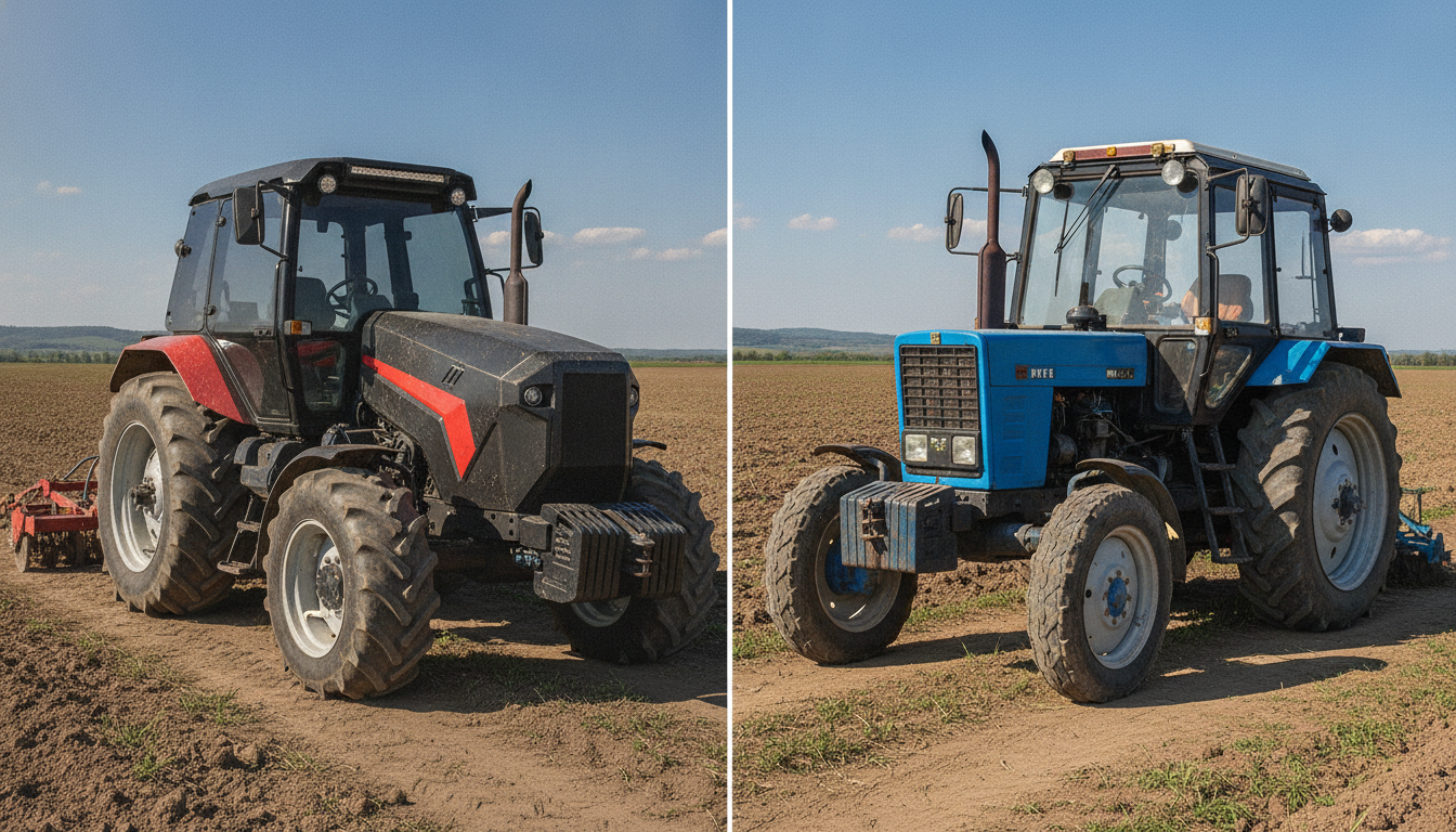 A photorealistic comparison image of two tractors, one being the Spike and the other the MTZ, placed side by side in a farm setting. In the foreground, focus on the details of both tractors, showcasing their design, durability, and technical features. The middle ground features a well-maintained field, symbolizing reliability and functionality. In the background, a bright blue sky with soft clouds enhances the farming atmosphere. The lighting is natural, simulating a warm afternoon sun, casting soft shadows. The scene reflects a mood of professionalism and practicality, highlighting the tractors’ farm applications without any people present. Emphasize accurate colors and quality details to illustrate the robustness of both machines effectively.