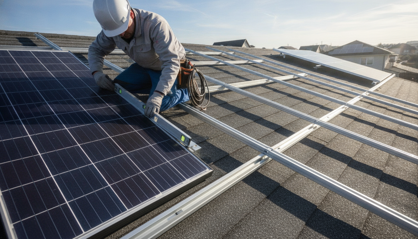A photorealistic depiction of an aluminum rail installation for mounting solar panels on a rooftop. In the foreground, a skilled technician in a safety helmet and professional work attire is carefully aligning the aluminum rails against a flat solar panel. The technician is using a level tool, ensuring everything is precise. In the middle ground, multiple aluminum rails are neatly arranged, reflecting natural colors and quality materials. The roof surface is visible, showcasing a bright, sunny day in the background, adding to the atmosphere of a productive workday. The lighting casts soft shadows, emphasizing the details of the installation process, while the angle captures the action dynamically, highlighting the importance of correct solar panel mounting.
